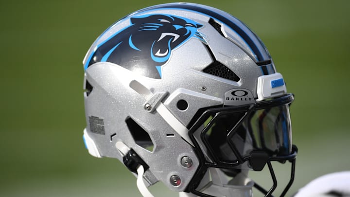 Dec 8, 2024; Philadelphia, Pennsylvania, USA; Carolina Panthers helmet rests on the bench against the Philadelphia Eagles at Lincoln Financial Field. 
