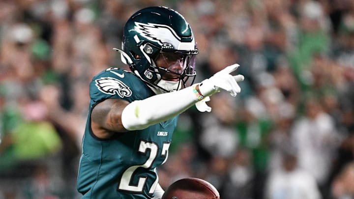 Sep 4, 2025; Philadelphia, Pennsylvania, USA; Philadelphia Eagles cornerback Quinyon Mitchell (27) reacts after a fumble recovery against the Dallas Cowboys during the third quarter of the game at Lincoln Financial Field. Mandatory Credit: Eric Hartline-Imagn Images