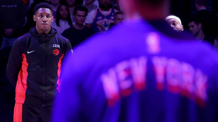 Jan 20, 2024; New York, New York, USA; Toronto Raptors guard RJ Barrett (9) stands for the national anthem before a game against the New York Knicks at Madison Square Garden. Mandatory Credit: Brad Penner-USA TODAY Sports