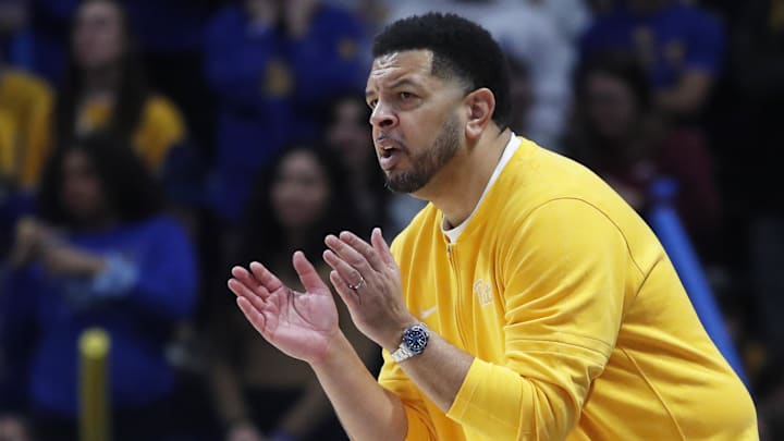 Jan 16, 2024; Pittsburgh, Pennsylvania, USA; Pittsburgh Panthers head coach Jeff Capel reacts on the sidelines against the Syracuse Orange during the first half at the Petersen Events Center. Mandatory Credit: Charles LeClaire-Imagn Images