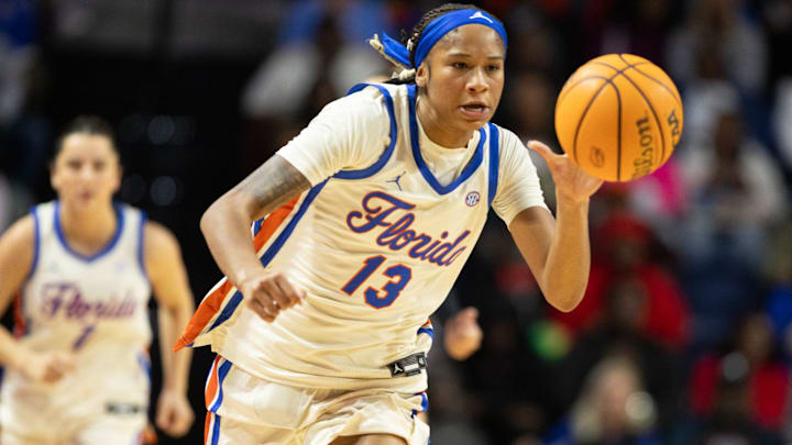 Florida guard Laila Reynolds (13) drives up court against South Carolina during the first half of an NCAA women’s basketball game at Steven C. O'Connell Center Exactek arena in Gainesville, FL on Sunday, January 4, 2026. [Alan Youngblood/Gainesville Sun]