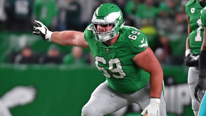 Philadelphia Eagles guard Landon Dickerson against the Miami Dolphins at Lincoln Financial Field. Philadelphia Eagles guard Landon Dickerson against the Miami Dolphins at Lincoln Financial Field.