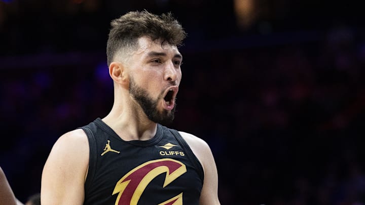 Jan 24, 2025; Philadelphia, Pennsylvania, USA; Cleveland Cavaliers guard Ty Jerome (2) reacts to his score against the Philadelphia 76ers during the fourth quarter at Wells Fargo Center. Mandatory Credit: Bill Streicher-Imagn Images