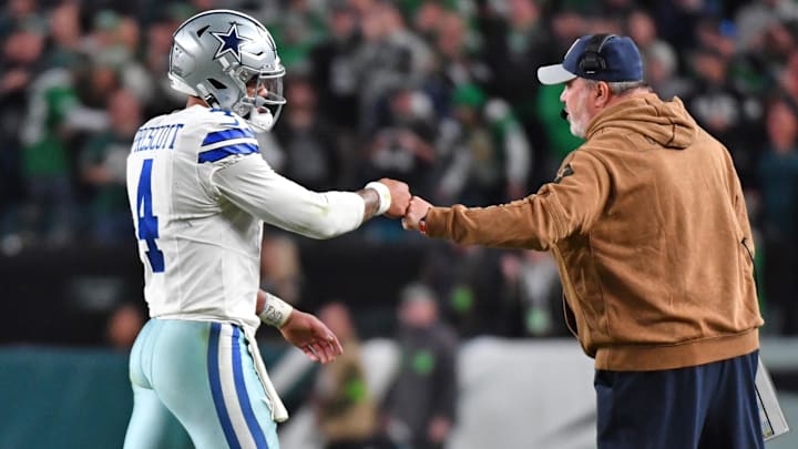 Dallas Cowboys quarterback Dak Prescott and head coach Mike McCarthy after a touchdown in the third quarter against the Philadelphia Eagles.