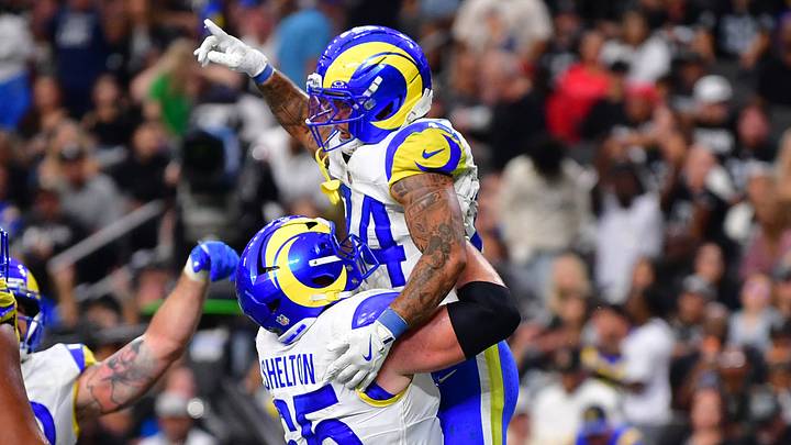 Oct 25, 2026; Paradise, Nevada, USA; Los Angeles Rams running back Blake Corum (24) reacts with offensive line Coleman Shelton (65) after a touchdown against the Las Vegas Raiders in the second half at Allegiant Stadium. Mandatory Credit: Gary A. Vasquez-Imagn Images Oct 25, 2026; Paradise, Nevada, USA; Los Angeles Rams running back Blake Corum (24) reacts with offensive line Coleman Shelton (65) after a touchdown against the Las Vegas Raiders in the second half at Allegiant Stadium. Mandatory Credit: Gary A. Vasquez-Imagn Images