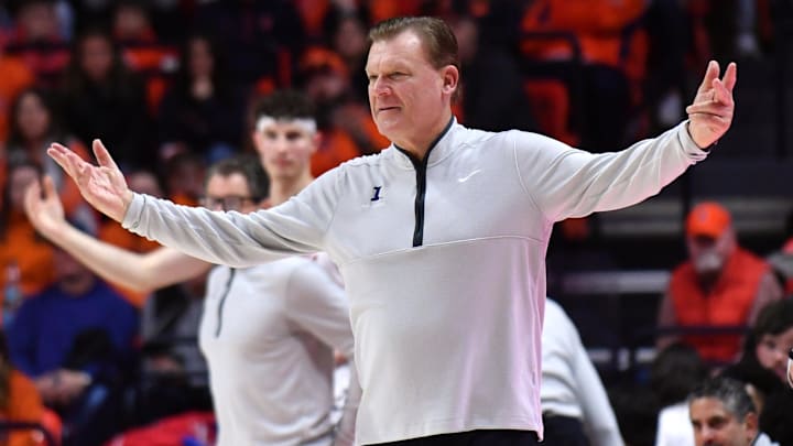 Feb 15, 2026; Champaign, Illinois, USA; Illinois Fighting Illini head coach Brad Underwood reacts during the second half against the Indiana Hoosiers at State Farm Center. Mandatory Credit: Ron Johnson-Imagn Images