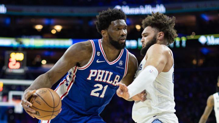 Feb 23, 2023; Philadelphia, Pennsylvania, USA; Philadelphia 76ers center Joel Embiid (21) drives