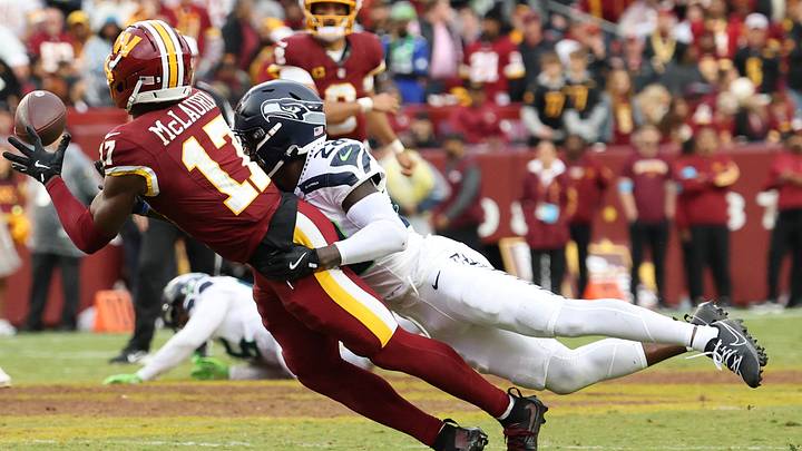 Sep 27, 2026; Landover, Maryland, USA; Washington Commanders wide receiver Terry McLaurin (17) dives to make a catch against Seattle Seahawks cornerback Nehemiah Pritchett (28) in the second half at Northwest Stadium. Mandatory Credit: Geoff Burke-Imagn Images Sep 27, 2026; Landover, Maryland, USA; Washington Commanders wide receiver Terry McLaurin (17) dives to make a catch against Seattle Seahawks cornerback Nehemiah Pritchett (28) in the second half at Northwest Stadium. Mandatory Credit: Geoff Burke-Imagn Images