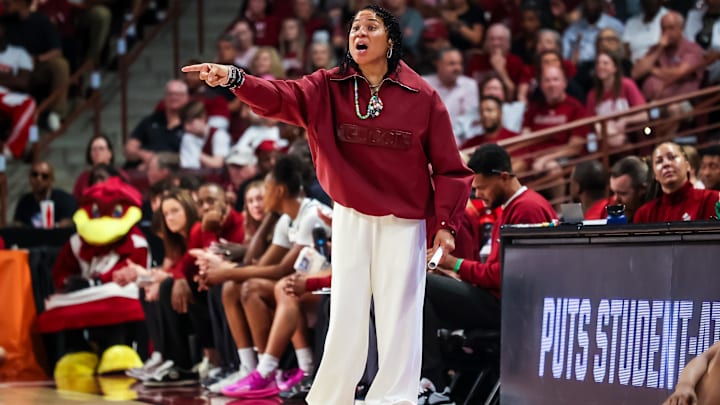 Mar 21, 2026; Columbia, South Carolina, USA; South Carolina Gamecocks head coach Dawn Staley directs her team against the Southern Jaguars in the first half at Colonial Life Arena. Mandatory Credit: Jeff Blake-Imagn Images Mar 21, 2026; Columbia, South Carolina, USA; South Carolina Gamecocks head coach Dawn Staley directs her team against the Southern Jaguars in the first half at Colonial Life Arena. Mandatory Credit: Jeff Blake-Imagn Images