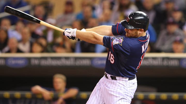 Apr 12, 2011; Minneapolis, MN, USA; Minnesota Twins designated hitter Jason Kubel (16) hits a double during the tenth inning against the Kansas City Royals at Target Field. The Twins defeated the Royals 4-3. Mandatory Credit: Brace Hemmelgarn-Imagn Images Apr 12, 2011; Minneapolis, MN, USA; Minnesota Twins designated hitter Jason Kubel (16) hits a double during the tenth inning against the Kansas City Royals at Target Field. The Twins defeated the Royals 4-3. Mandatory Credit: Brace Hemmelgarn-Imagn Images