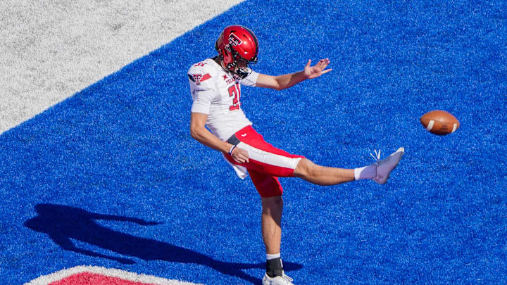 Oct 16, 2021; Lawrence, Kansas, USA; Texas Tech Red Raiders place kicker Austin McNamara (31) warms Oct 16, 2021; Lawrence, Kansas, USA; Texas Tech Red Raiders place kicker Austin McNamara (31) warms