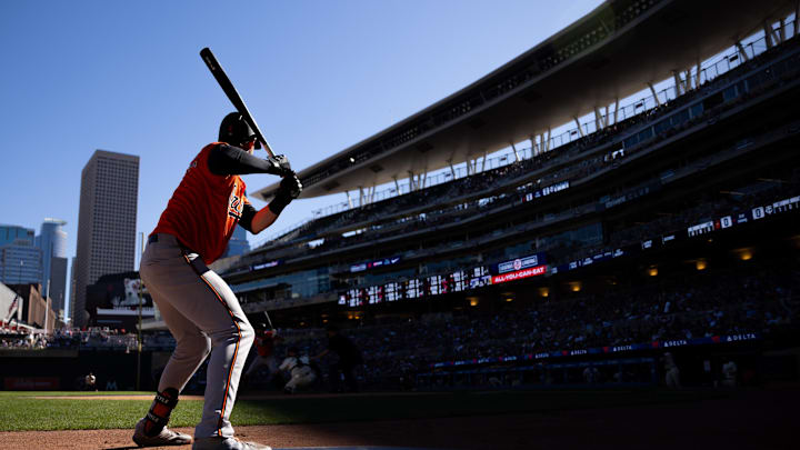 Sep 29, 2024; Minneapolis, Minnesota, USA; Baltimore Orioles first baseman Ryan Mountcastle (6) warms up before his at bat during the second inning against the Minnesota Twins at Target Field. 