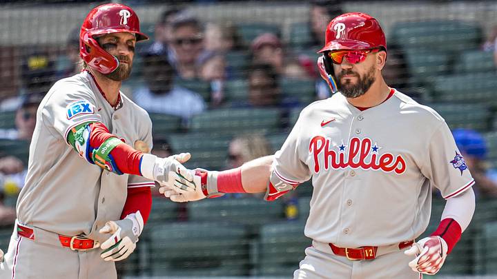 Apr 26, 2026; Cumberland, Georgia, USA; Philadelphia Phillies left fielder Kyle Schwarber (right) reacts with first baseman Bryce Harper (3) after hitting a home run against the Atlanta Braves during the eighth inning at Truist Park. Apr 26, 2026; Cumberland, Georgia, USA; Philadelphia Phillies left fielder Kyle Schwarber (right) reacts with first baseman Bryce Harper (3) after hitting a home run against the Atlanta Braves during the eighth inning at Truist Park.
