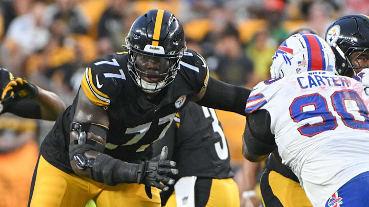Aug 17, 2024; Pittsburgh, Pennsylvania, USA; Pittsburgh Steelers offensive tackle Broderick Jones (77) blocks Buffalo Bills defensive tackle DeWayne Carter (90) during the first quarter at Acrisure Stadium. Mandatory Credit: Barry Reeger-Imagn Images Aug 17, 2024; Pittsburgh, Pennsylvania, USA; Pittsburgh Steelers offensive tackle Broderick Jones (77) blocks Buffalo Bills defensive tackle DeWayne Carter (90) during the first quarter at Acrisure Stadium. Mandatory Credit: Barry Reeger-Imagn Images