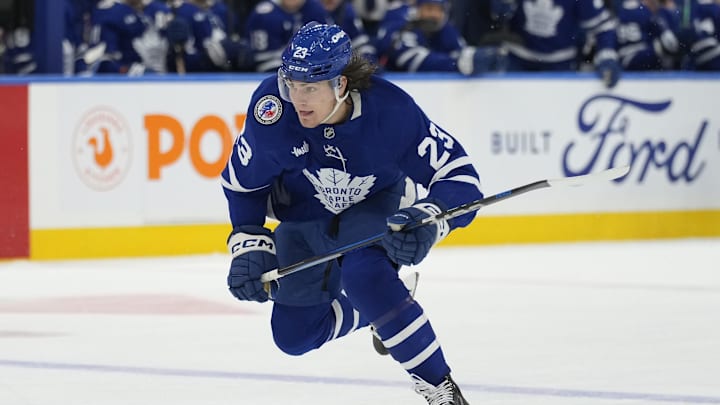 Nov 8, 2024; Toronto, Ontario, CAN; Toronto Maple Leafs forward Matthew Knies (23) skates against the Detroit Red Wings during the third period at Scotiabank Arena. Mandatory Credit: John E. Sokolowski-Imagn Images