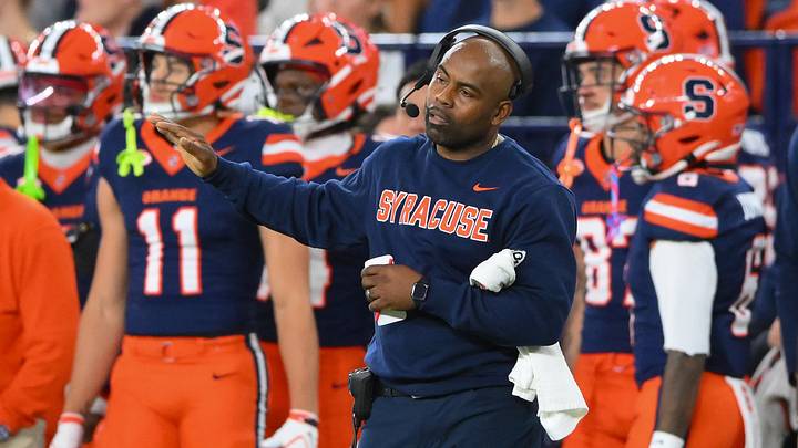 Oct 17, 2026; Syracuse, New York, USA; Syracuse Orange head coach Fran Brown reacts to a call during the first half against the Louisville Cardinals at the JMA Wireless Dome. Mandatory Credit: Rich Barnes-Imagn Images Oct 17, 2026; Syracuse, New York, USA; Syracuse Orange head coach Fran Brown reacts to a call during the first half against the Louisville Cardinals at the JMA Wireless Dome. Mandatory Credit: Rich Barnes-Imagn Images