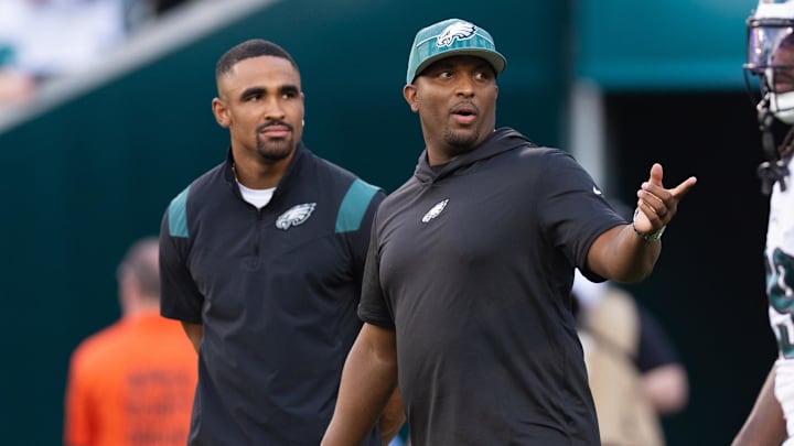 Aug 17, 2023; Philadelphia, Pennsylvania, USA; Philadelphia Eagles offensive coordinator Brian