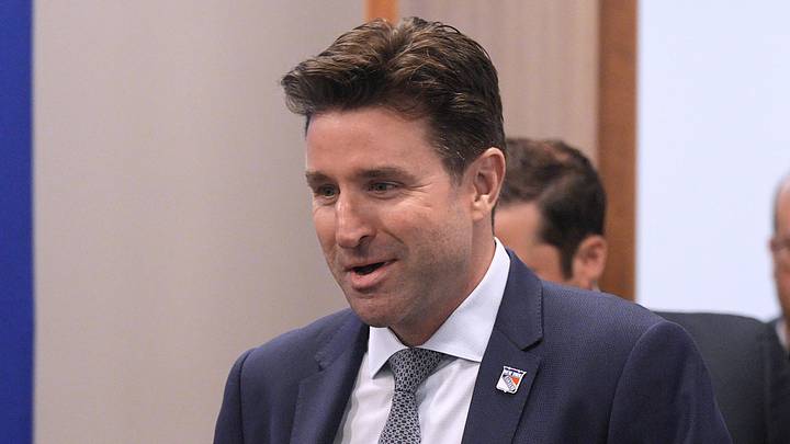 May 8, 2025; Tarrytown, NY, USA; New York Rangers president and general manager Chris Drury during a press conference to introduce new head coach Mike Sullivan at the MSG Training Center in Tarrytown, New York May 8, 2025. May 8, 2025; Tarrytown, NY, USA; New York Rangers president and general manager Chris Drury during a press conference to introduce new head coach Mike Sullivan at the MSG Training Center in Tarrytown, New York May 8, 2025.