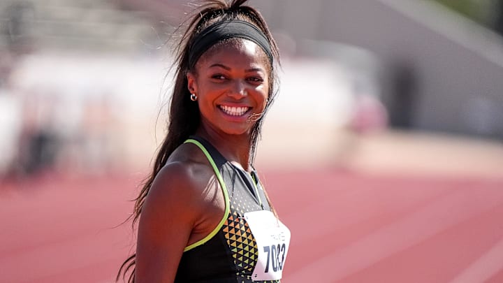 Team USA Red athlete Gabby Thomas (7083) walks the track ahead of the 1600 meter relay invitational at the Clyde Littlefield Texas Relays at Mike A. Myers Stadium on Saturday, March 29, 2025.