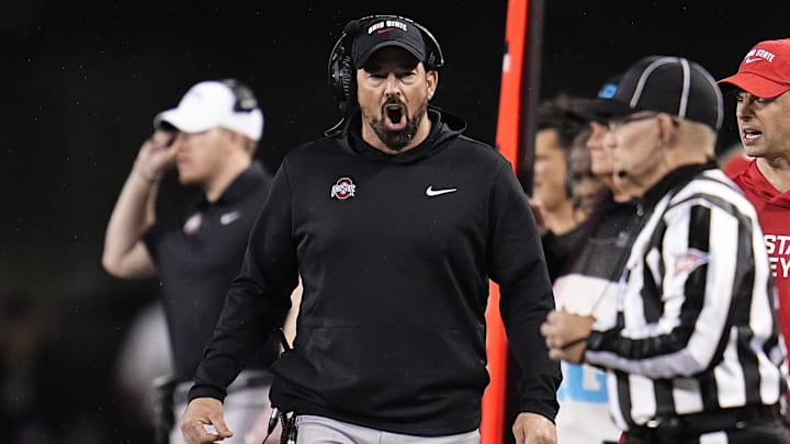 Ohio State Buckeyes head coach Ryan Day yells during the NCAA football game against the UCLA Bruins at Ohio Stadium in Columbus on Nov. 15, 2025.