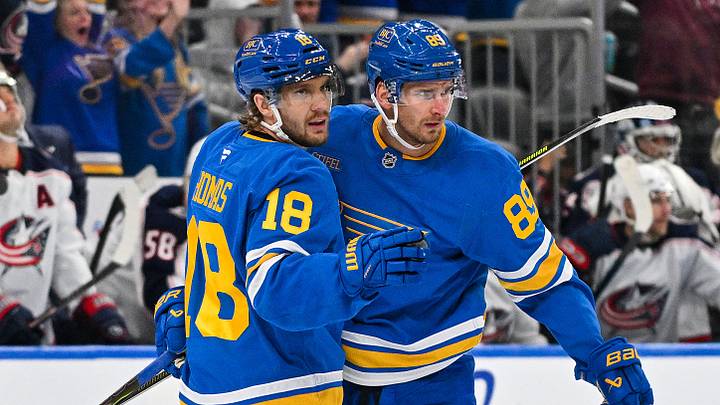 Oct 10, 2026; St. Louis, Missouri, USA; St. Louis Blues left wing Pavel Buchnevich (89) is congratulated by center Robert Thomas (18) after scoring against the Columbus Blue Jackets during the third period at Enterprise Center. Mandatory Credit: Jeff Curry-Imagn Images