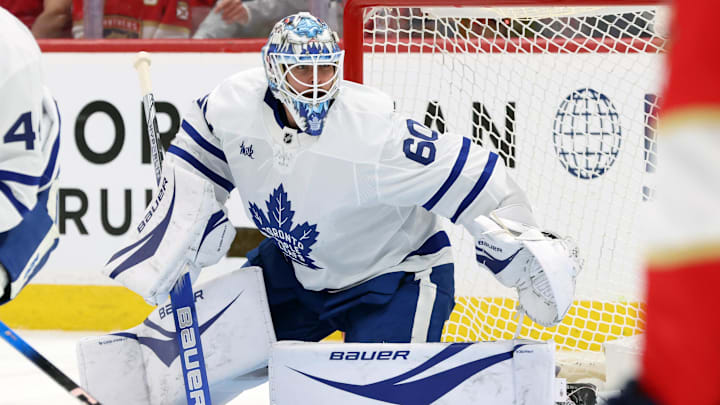 May 11, 2025; Sunrise, Florida, USA; Toronto Maple Leafs goaltender Joseph Woll (60) looks on against the Florida Panthers during the second period in game four of the second round of the 2025 Stanley Cup Playoffs at Amerant Bank Arena. Mandatory Credit: Kim Klement Neitzel-Imagn Images