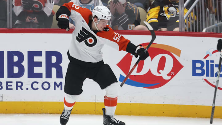 Mar 7, 2026; Pittsburgh, Pennsylvania, USA;  Philadelphia Flyers center Denver Barkey (52) reacts after scoring a goal against the Pittsburgh Penguins during the second period at PPG Paints Arena.
