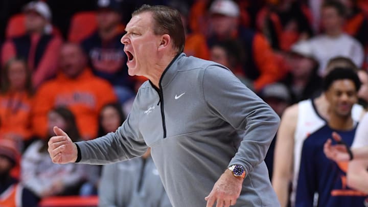 Jan 17, 2026; Champaign, Illinois, USA;  Illinois Fighting Illini head coach Brad Underwood reacts during the second half against the Minnesota Golden Gophers  at State Farm Center. Mandatory Credit: Ron Johnson-Imagn Images