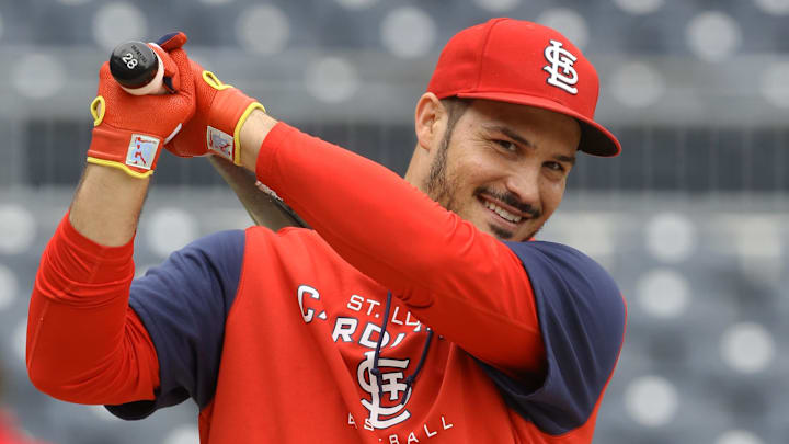 Oct 3, 2022; Pittsburgh, Pennsylvania, USA;  St. Louis Cardinals third baseman Nolan Arenado (28) at the batting cage before the game against the Pittsburgh Pirates at PNC Park. Mandatory Credit: Charles LeClaire-Imagn Images