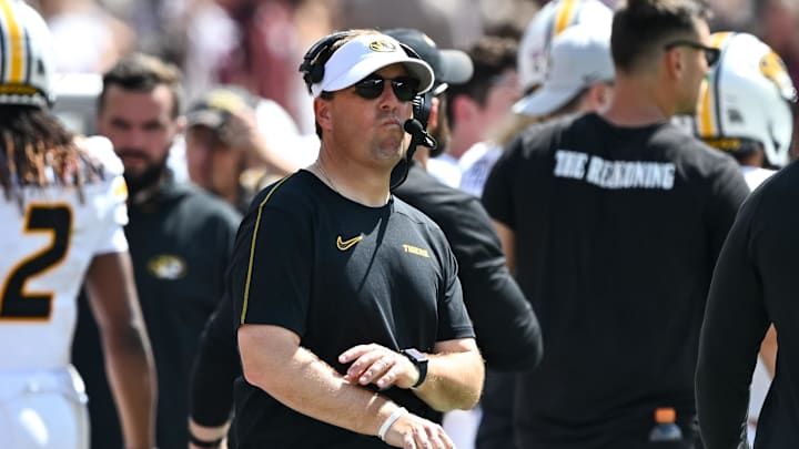 Oct 5, 2024; College Station, Texas, USA; Missouri Tigers head coach Eli Drinkwitz looks on In the third quarter against the Texas A&M Aggies at Kyle Field. Mandatory Credit: Maria Lysaker-Imagn Images. 