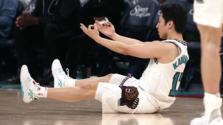 Apr 13, 2025; Memphis, Tennessee, USA; Memphis Grizzlies guard Yuki Kawamura (17) reacts after a three point basket during the third quarter against the Dallas Mavericks at FedExForum. Mandatory Credit: Petre Thomas-Imagn Images