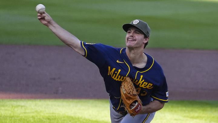 May 16, 2026; Minneapolis, Minnesota, USA; Milwaukee Brewers starting pitcher Logan Henderson (43) throws to the Minnesota Twins in the first inning at Target Field. Mandatory Credit: Bruce Kluckhohn-Imagn Images