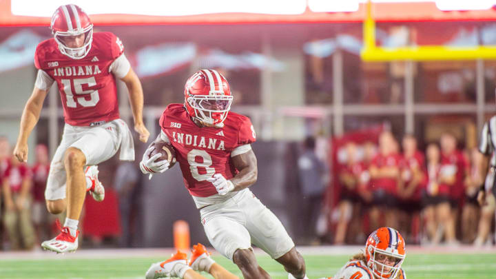 Indiana's Kaelon Black (8) during the Indiana versus Illinois football game at Memorial Stadium on Saturday, Sept. 20, 2025