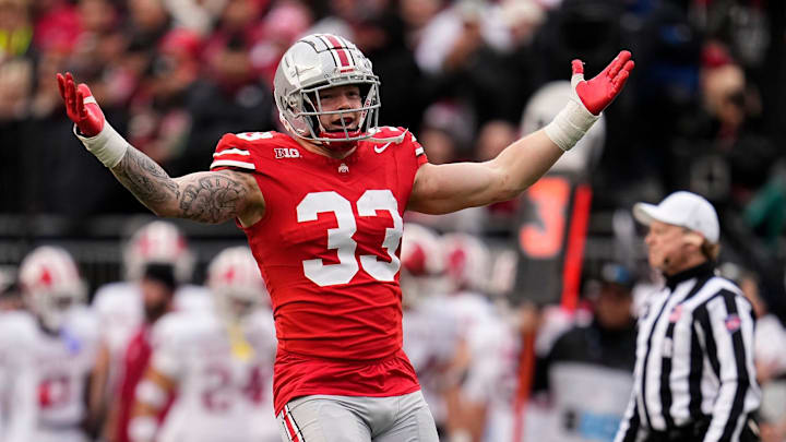 Ohio State defensive end Jack Sawyer celebrates a sack against Indiana on Nov. 23.