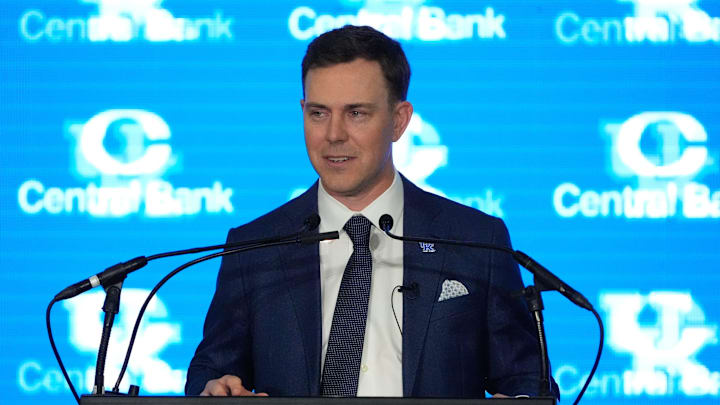New Kentucky Wildcat head coach Will Stein makes remarks as he is introduced at Kentucky on Wednesday, December 3, 2025