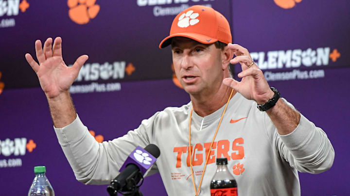 Clemson football head coach Dabo Swinney talks with media before the first football practice at the Allen N. Reeves Football Complex at Clemson University in Clemson, S.C. Friday, February 28, 2025.