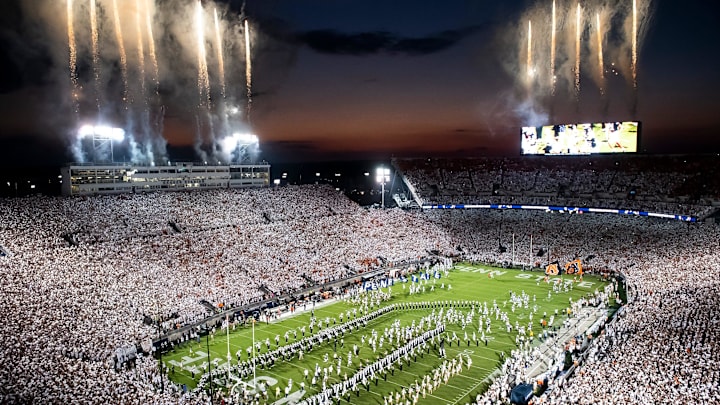 The Penn State Nittany Lions run onto the field to take on the Auburn Tigers in the 2021 White Out game at Beaver Stadium. The Penn State Nittany Lions run onto the field to take on the Auburn Tigers in the 2021 White Out game at Beaver Stadium.