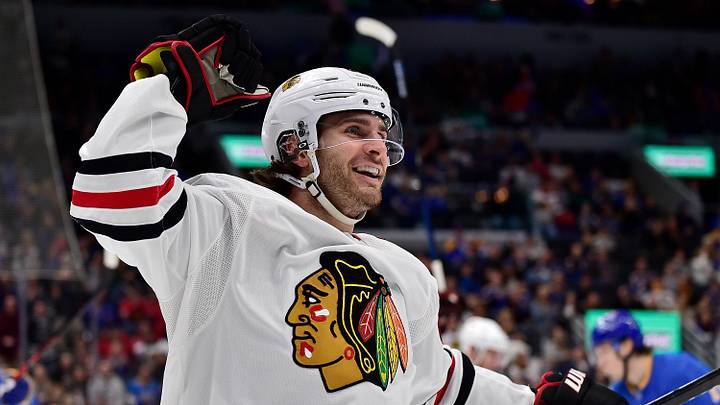 Dec 14, 2019; St. Louis, MO, USA; Chicago Blackhawks left wing Brandon Saad (20) celebrates after scoring his second goal of the game during the third period against the St. Louis Blues at Enterprise Center. Mandatory Credit: Jeff Curry-Imagn Images