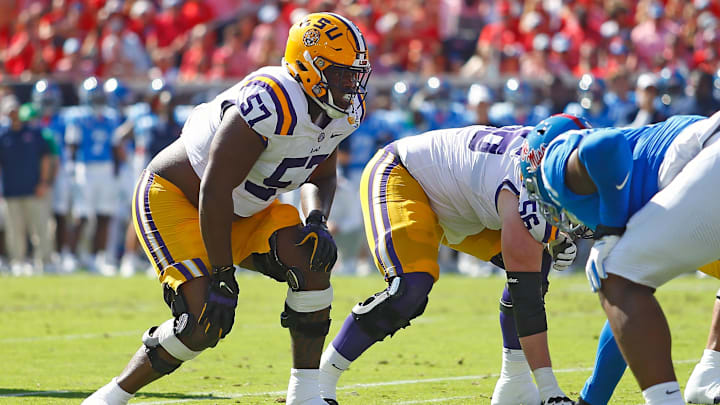 Sep 27, 2025; Oxford, Mississippi, USA; LSU Tigers offensive lineman Carius Curne (57) waits for the snap during the first quarter against the Mississippi Rebels at Vaught-Hemingway Stadium. Mandatory Credit: Petre Thomas-Imagn Images