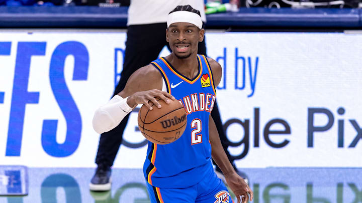 Apr 29, 2024; New Orleans, Louisiana, USA; Oklahoma City Thunder guard Shai Gilgeous-Alexander (2) Apr 29, 2024; New Orleans, Louisiana, USA; Oklahoma City Thunder guard Shai Gilgeous-Alexander (2)