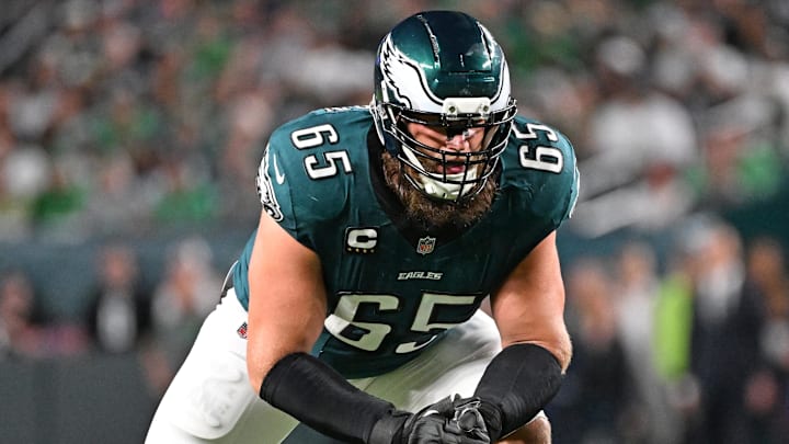 Sep 4, 2025; Philadelphia, Pennsylvania, USA; Philadelphia Eagles offensive tackle Lane Johnson (65) against the Dallas Cowboys at Lincoln Financial Field. Mandatory Credit: Eric Hartline-Imagn Images