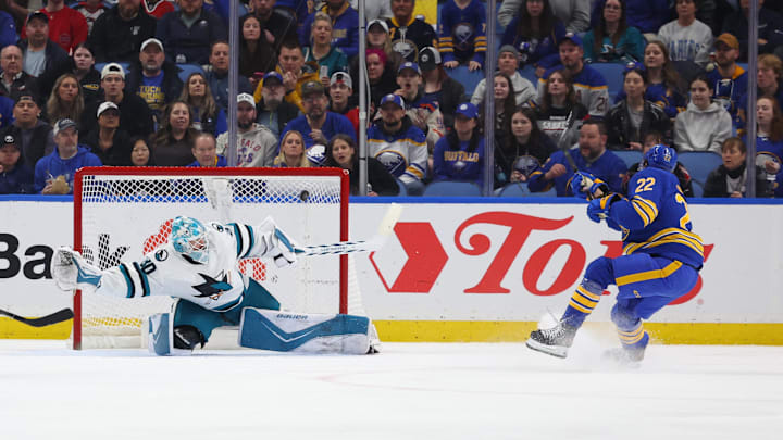 Mar 10, 2026; Buffalo, New York, USA; Buffalo Sabres right wing Jack Quinn (22) scores a goal on San Jose Sharks goaltender Yaroslav Askarov (30) during the first period at KeyBank Center. Mandatory Credit: Timothy T. Ludwig-Imagn Images Mar 10, 2026; Buffalo, New York, USA; Buffalo Sabres right wing Jack Quinn (22) scores a goal on San Jose Sharks goaltender Yaroslav Askarov (30) during the first period at KeyBank Center. Mandatory Credit: Timothy T. Ludwig-Imagn Images