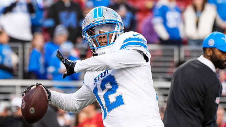 Detroit Lions quarterback Teddy Bridgewater (12) warms up before the game between San Francisco 49ers and Detroit Lions at Levi's Stadium in Santa Clara, Calif. on Monday, Dec. 30, 2024.
