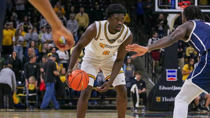 Nov. 8, 2024; Columbia, Missouri, USA; Missouri Tigers guard Annor Boateng (6) dribbles the ball against the Howard Bison. Nov. 8, 2024; Columbia, Missouri, USA; Missouri Tigers guard Annor Boateng (6) dribbles the ball against the Howard Bison.