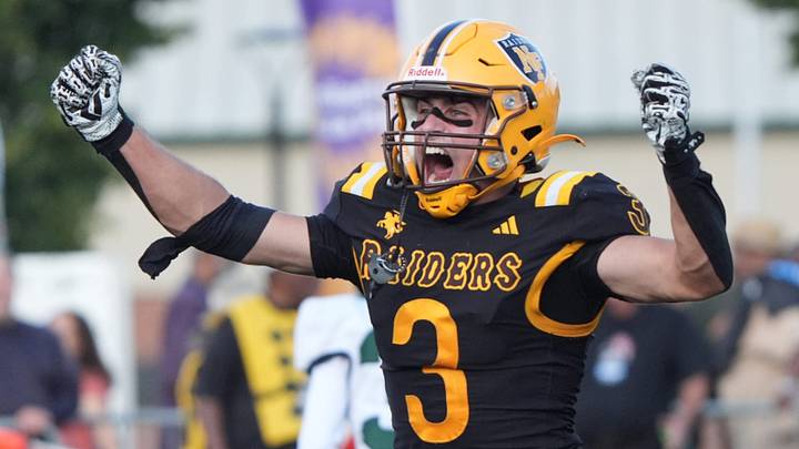North Farmington’s Will Latra (3) celebrates defeating Birmingham Groves during the first half of the Amazon Prep Kickoff Classic at Wayne State University in Detroit, Friday, August 28, 2026. North Farmington’s Will Latra (3) celebrates defeating Birmingham Groves during the first half of the Amazon Prep Kickoff Classic at Wayne State University in Detroit, Friday, August 28, 2026.