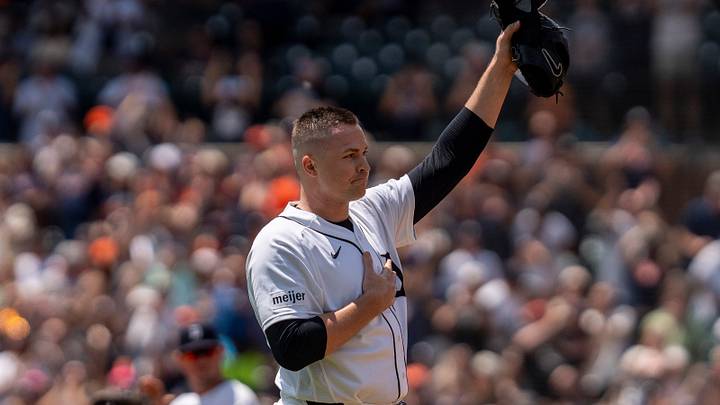 Detroit Tigers starting pitcher Tarik Skubal tips his hat to the fans after delivering his 1,000 strikeout against the Baltimore Orioles during the first inning at Comerica Park in Detroit on Wednesday, July 29, 2026. Detroit Tigers starting pitcher Tarik Skubal tips his hat to the fans after delivering his 1,000 strikeout against the Baltimore Orioles during the first inning at Comerica Park in Detroit on Wednesday, July 29, 2026.