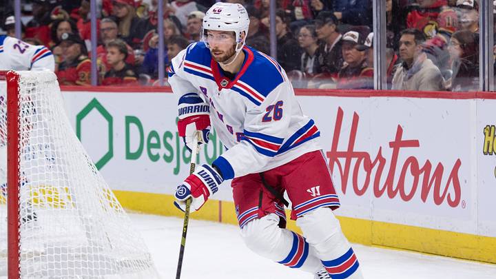 Oct 24, 2026; Ottawa, Ontario, CAN; New York Rangers defenseman Marcus Pettersson (26) skates with the puck in the first period against the Ottawa Senators at the Canadian Tire Centre. Mandatory Credit: Marc DesRosiers-Imagn Oct 24, 2026; Ottawa, Ontario, CAN; New York Rangers defenseman Marcus Pettersson (26) skates with the puck in the first period against the Ottawa Senators at the Canadian Tire Centre. Mandatory Credit: Marc DesRosiers-Imagn