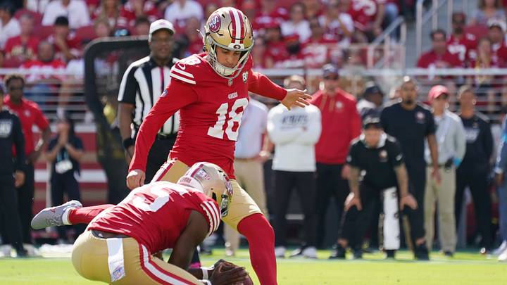 Oct 4, 2026; Santa Clara, California, USA; San Francisco 49ers kicker Eddy Pineiro (18) kicks a field goal against the Denver Broncos during the first half at Levi's Stadium. Mandatory Credit: Darren Yamashita-Imagn Images Oct 4, 2026; Santa Clara, California, USA; San Francisco 49ers kicker Eddy Pineiro (18) kicks a field goal against the Denver Broncos during the first half at Levi's Stadium. Mandatory Credit: Darren Yamashita-Imagn Images