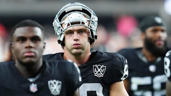 Oct 27, 2024; Paradise, Nevada, USA; Las Vegas Raiders tight end Brock Bowers (89) walks off the field after the Raiders were defeated by the Kansas City Chiefs 27-20 at Allegiant Stadium. Mandatory Credit: Stephen R. Sylvanie-Imagn Images