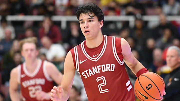 Feb 10, 2024; Stanford, California, USA; Stanford Cardinal guard Andrej Stojakovic (2) dribbles the